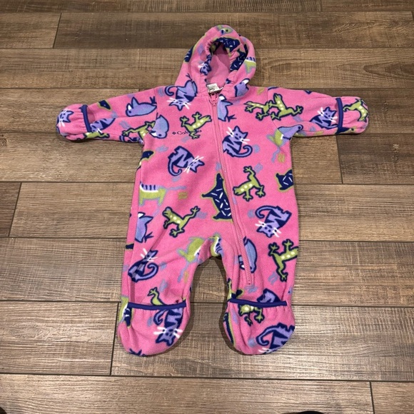 Vintage Columbia Fleece Bunting 6-12 Months Pink Animals Soft Warm Snowsuit - Picture 1 of 12